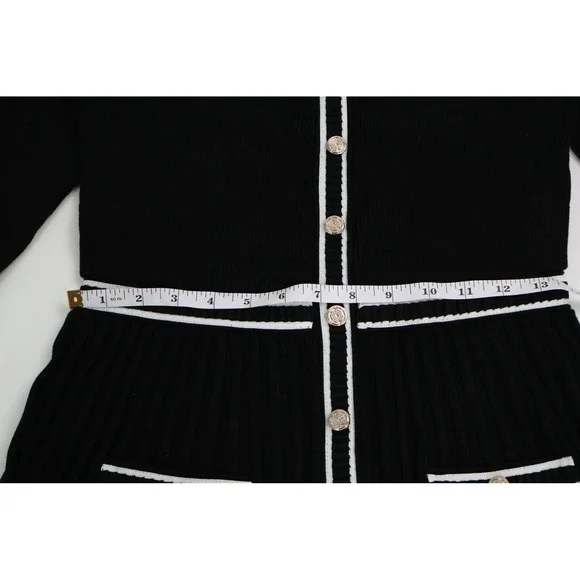 Maje Knit Midi Dress Contrast Trim Pleated Skirt Black White Office Classic $480 - Picture 6 of 15